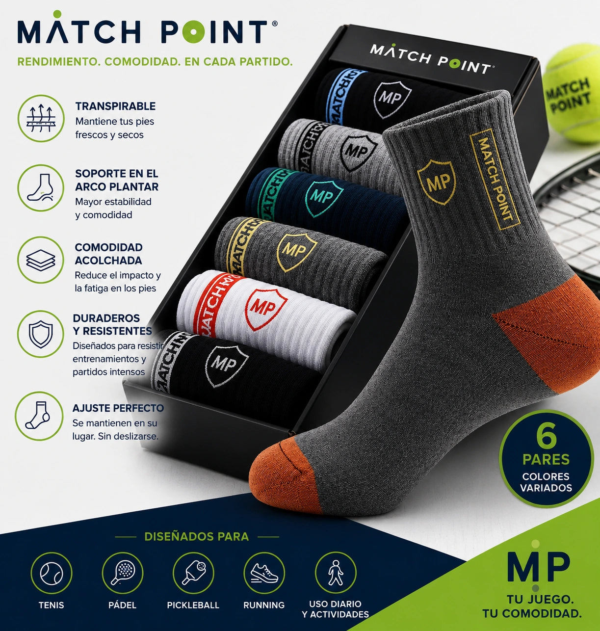 Pack de 6 Calcetines de Rendimiento Match Point™